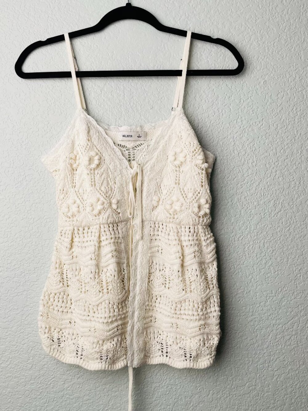 Hollister Ivory Cream Crochet-Style Tie-Front Sweater Tank Lace Strappy | Small